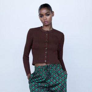 🤍 ZARA Brown Ribbed Knit Fitted Rust Cardigan Sweater